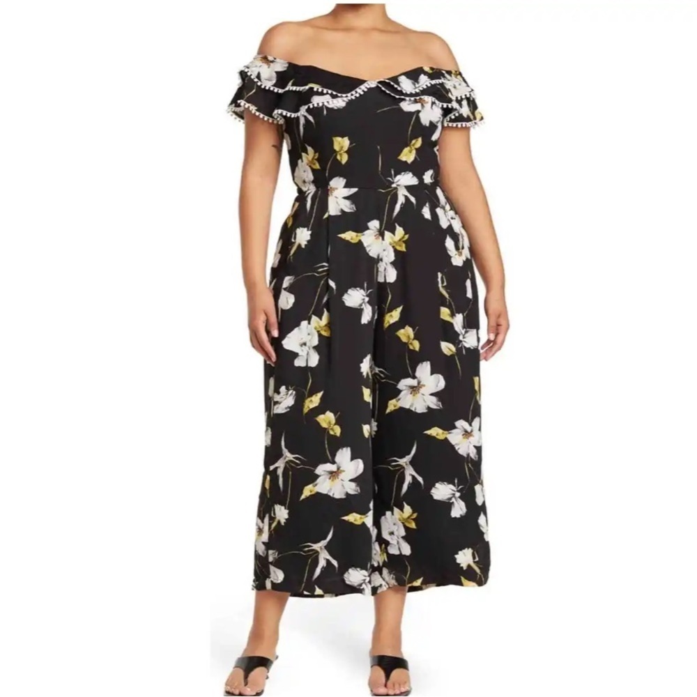 City Chic Crepe Floral Jumpsuit Off the Shoulder Black Size 18‎ NEW